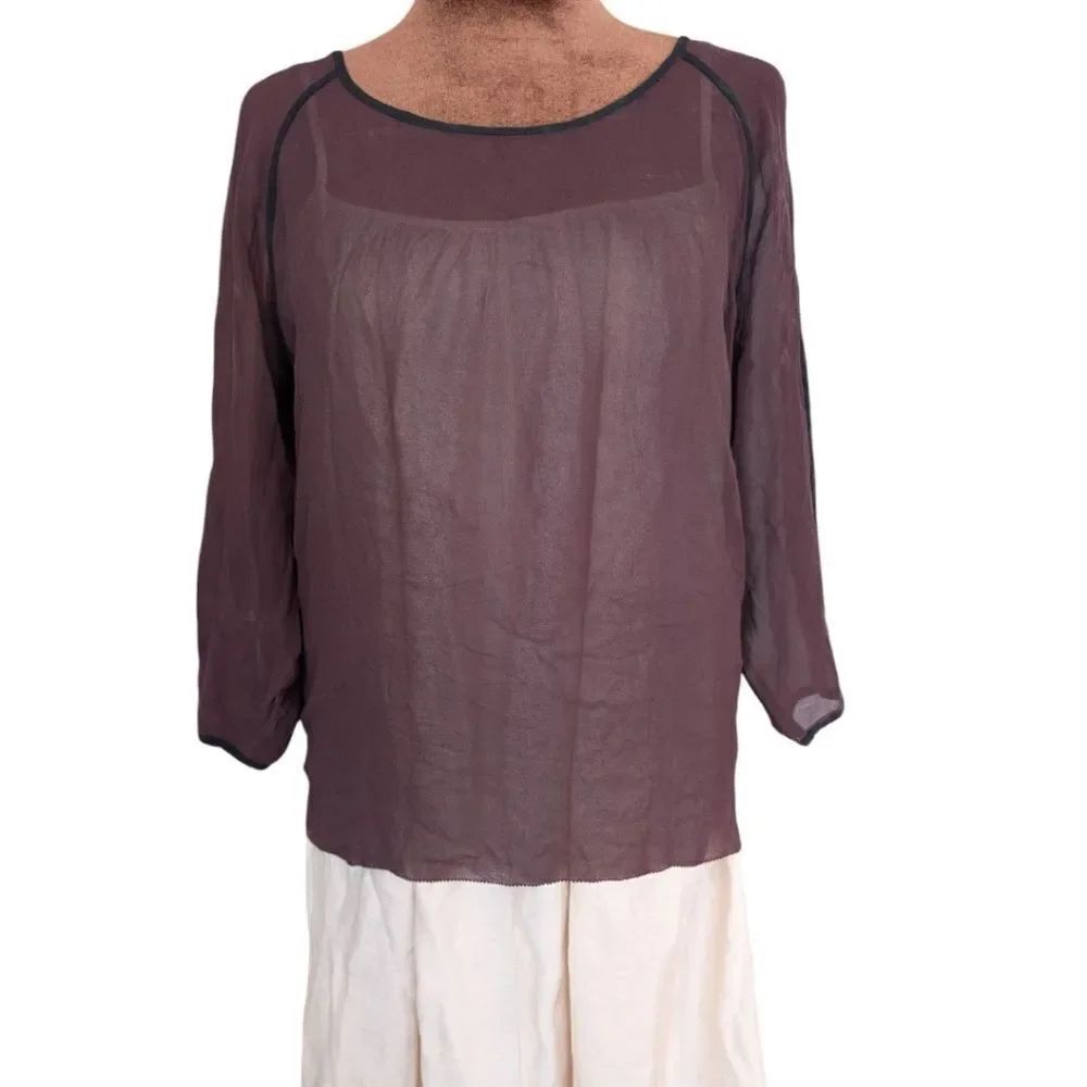 Wilfred Pure Silk Sheer Plum blouse Black Piping size small